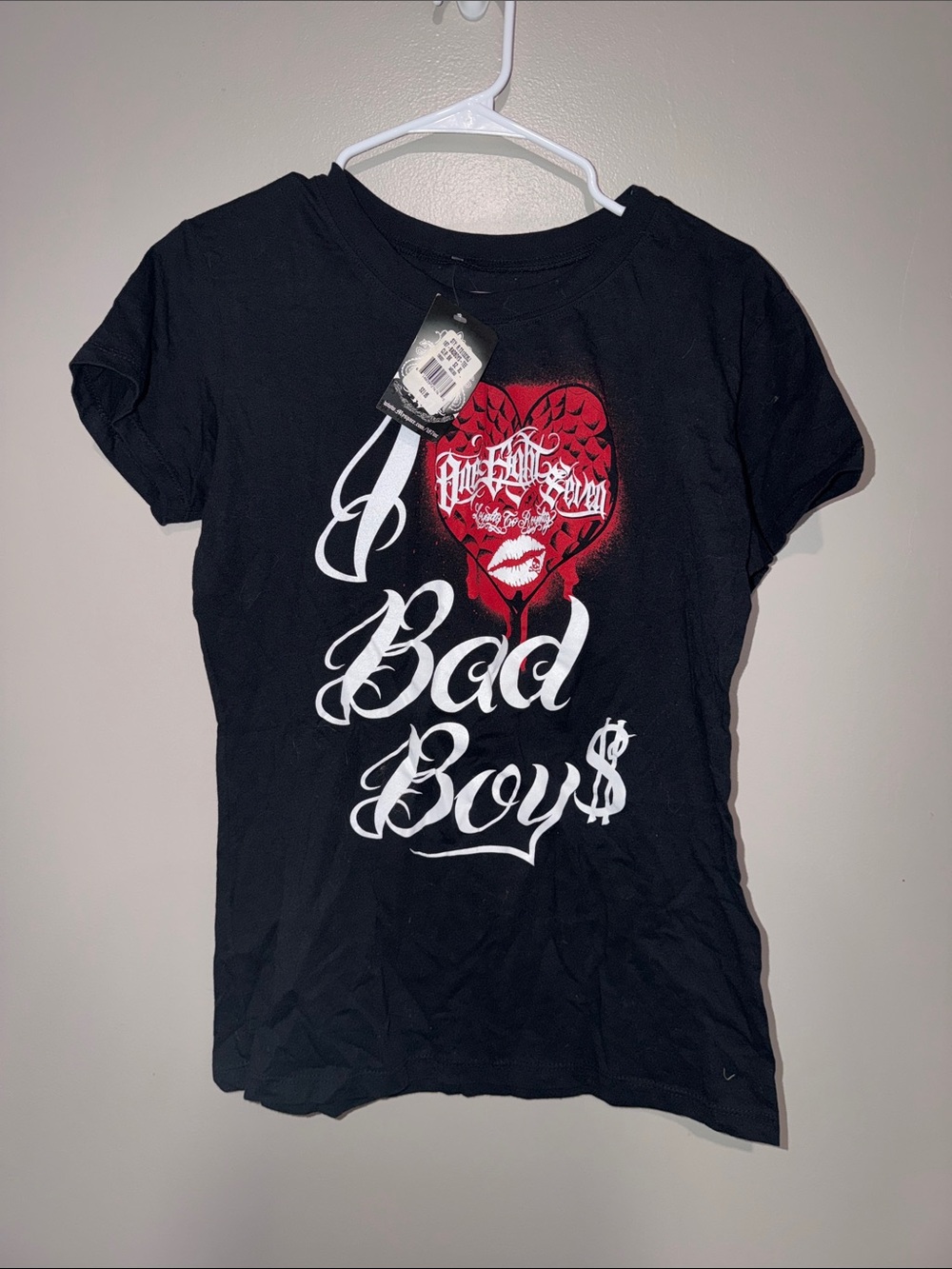 Black Short Sleeve Graphic Tee with Red Heart and White Script Logo